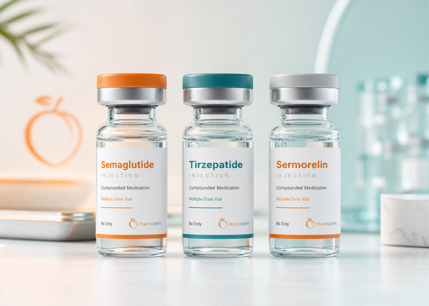 GLP-1 and peptide medications illustration showing semaglutide, tirzepatide, and sermorelin