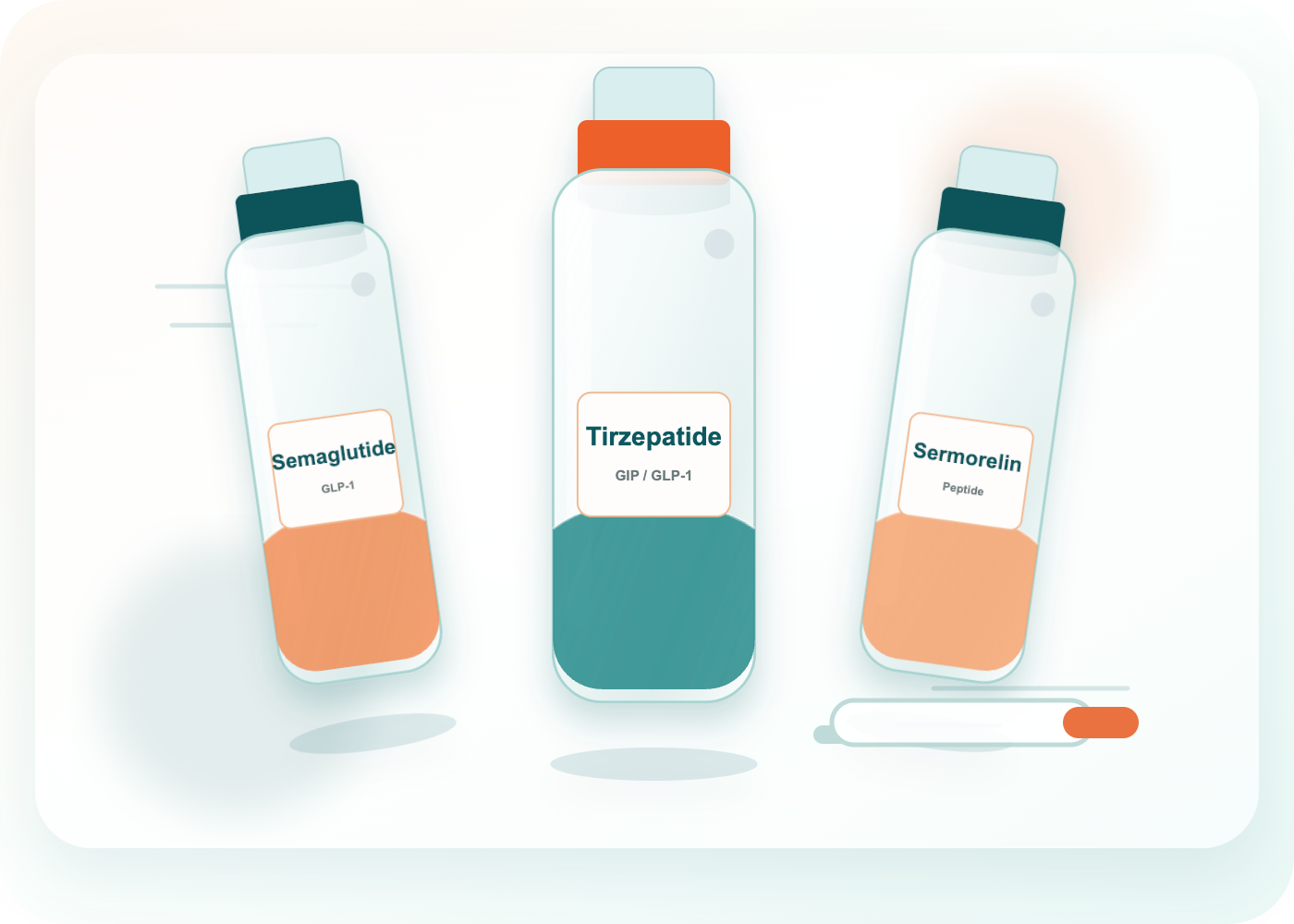 GLP-1 and peptide medications illustration showing semaglutide, tirzepatide, and sermorelin