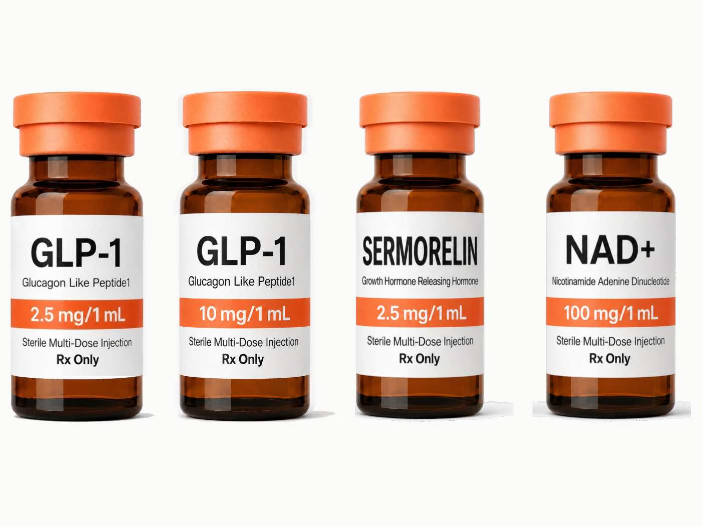 Medication vials for GLP-1, coenzyme, and peptide options including semaglutide, tirzepatide, NAD+, and sermorelin